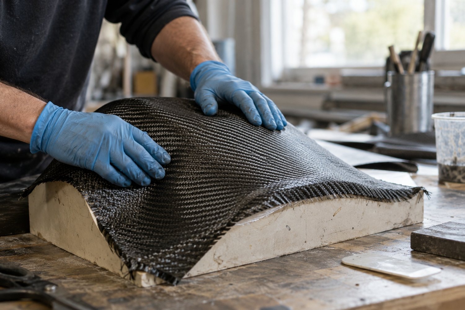 Gloved hands pressing dark woven fabric over a curved mold on a workbench.