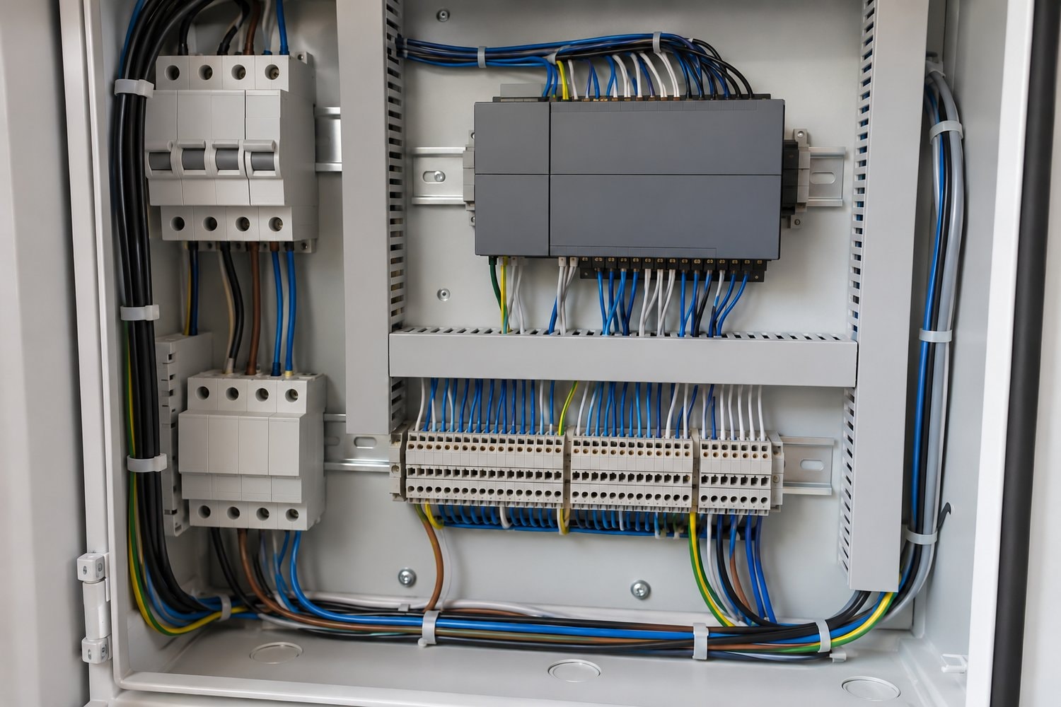 Open control cabinet with a plain controller, terminal blocks and orderly wiring.