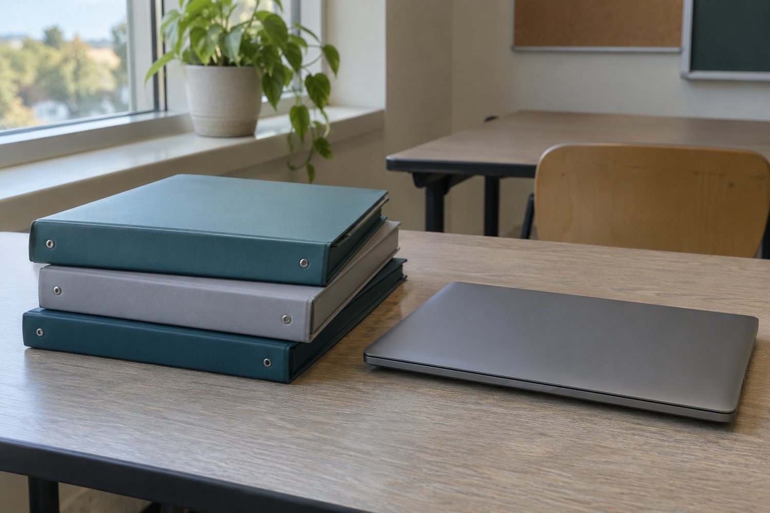 Plain closed binders and a closed laptop on a classroom table.