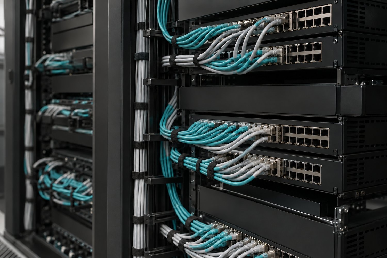 Teal and gray patch cables connected to network equipment in a rack.