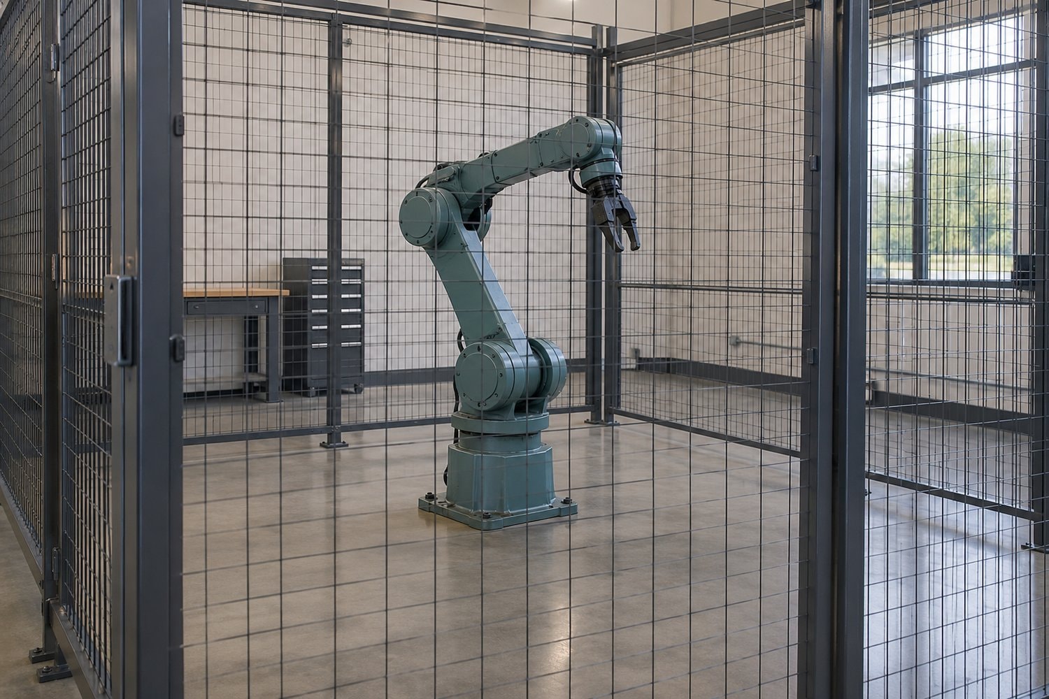 Industrial robot arm inside an empty fenced training cell.