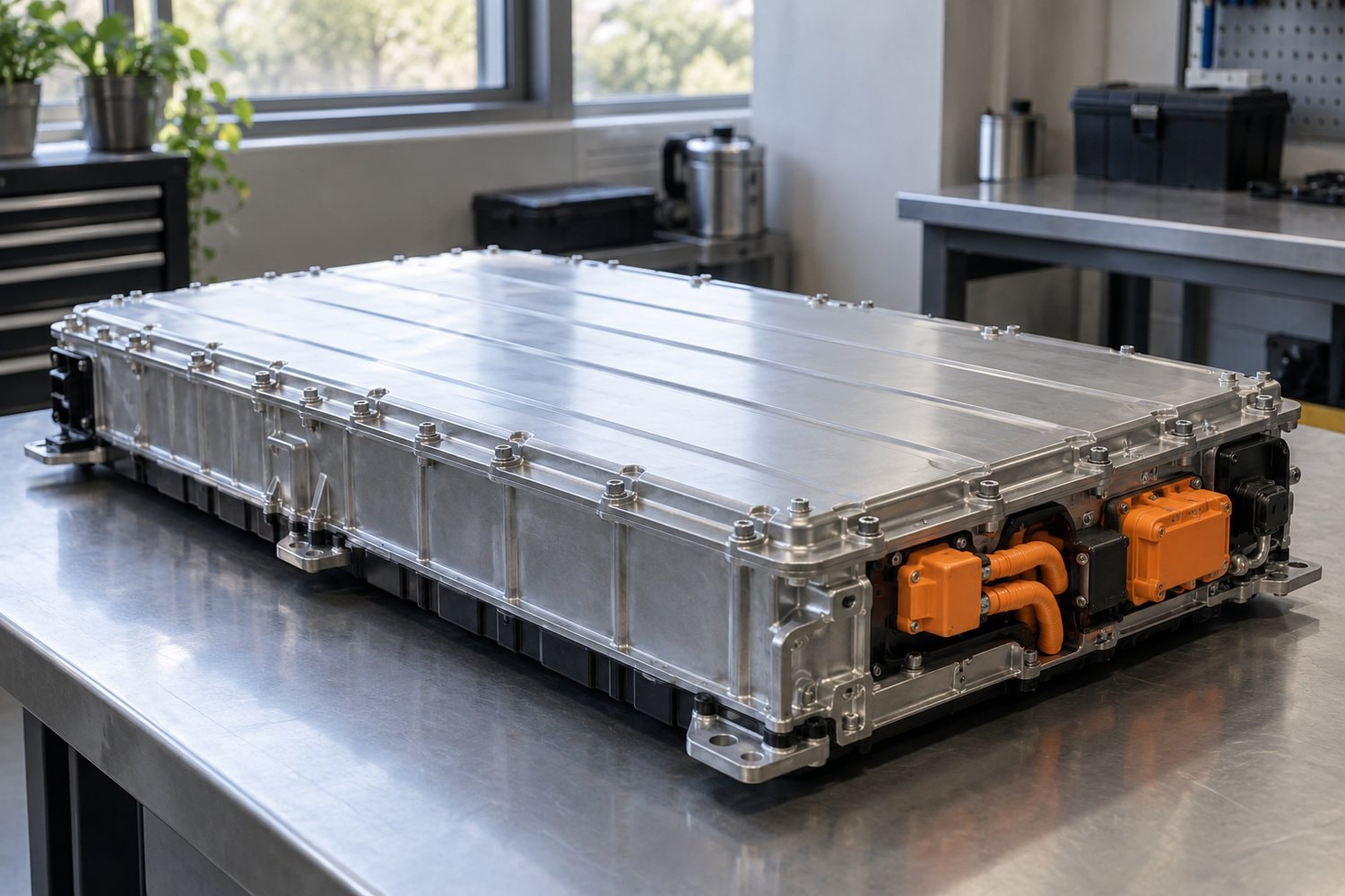 Metal battery housing with orange connectors on a steel service bench.