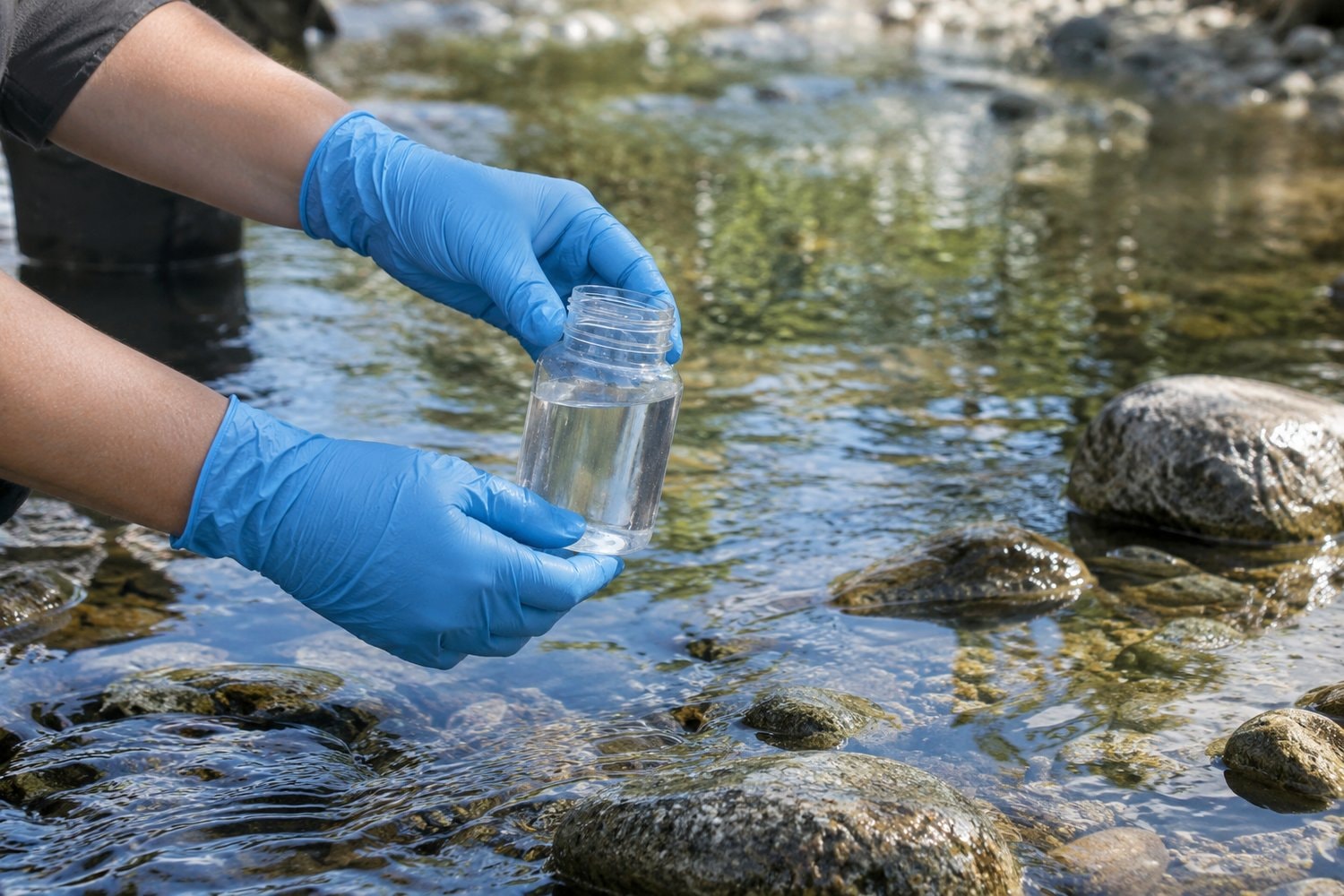 Blue-gloved hands holding a clear sample bottle above a rocky creek.