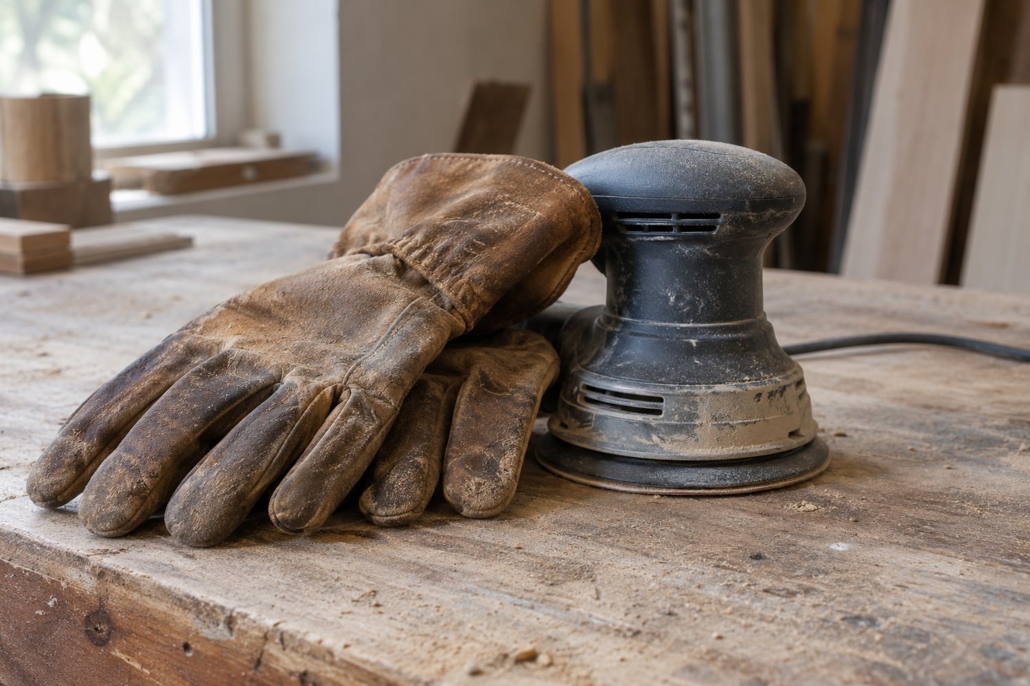Worn work gloves beside a dark orbital sander on a dusty wooden bench.